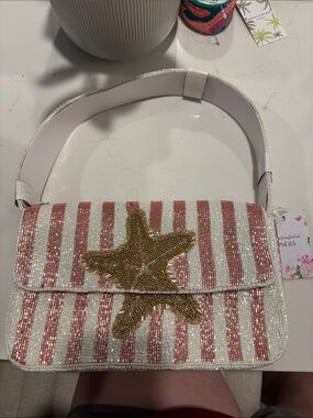 Beaded Starfish Shoulder Bag - White & Pink